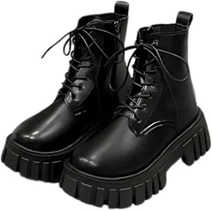 [ALVEIN] 厚底 ブーツ ショートブーツ レースアップ シークレット レディース ビッグヒール ジップアップ サイドジッパー 美脚（ブラック）