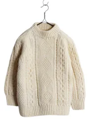 【お得なクーポン配布中!】 フィッシャーマン ウール ニット セーター レディース XS 程 古着 アランニット ケーブル ローゲージ 無地 生成り クルーネック ナチュラル