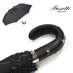 Pasotti 雨傘 折りたたみ傘 ブラック ストライプ レザー スタッズ ハンドル 高級傘 ジャンプ傘 頑丈 大きめサイズ イタリア製 ハンドメイド オシャレ シンプル メンズ レディース ギフト プレゼント PS07