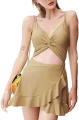 ISLAYCAOLILA モノキニ 水着 ワンピース フレア スカート スイムドレス キャミソール ストラップ 絞り パッド入り ワイヤーなし レディース ベージュ( ベージュ,  L)