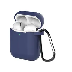 【新着商品】紛失防止 カラビナ付き 防塵 耐衝撃 TPUケース SERFER かわいい 小型 軽量 カバー エアーポッズ Apple (ダークブルー) 全面保護ケース シリコンカバー AirPods第2世代と第1世代に適用（前のLEDライトが見える） ケース