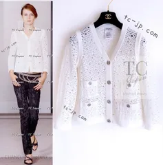 シャネル カーディガン CHANEL 41万 ホワイト コットン アイレット Vネック ニット カール・ラガーフェルド ココボタン 人気 美品 34 36