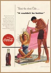 Coca-Cola ビーチの２人 レトロミニポスター B5サイズ 複製広告 ◆ コカコーラ 赤丸ロゴ ボトル 水着 USAD5-489