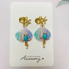 ハンドメイド　〜海中散歩〜大きな貝殻とホヌ(ターコイズブルー)