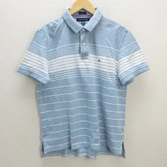 C■トミーヒルフィガー/TOMMY HILFIGER　ボーダー柄　半袖ポロシャツ  鹿の子地【L/G】青/MENS/135【中古】■