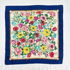 イタリア製 GUCCI スカーフ 大判 シルク グッチ OLD オールドグッチ 花柄 ブルー ハンカチ ストール ショール ファブリック アンティーク MADE IN ITALY