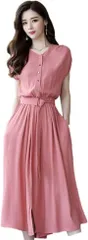 blue beryl ワンピース レディース Aライン ミモレ丈 ウエストベルト シフォン フレンチスリーブ ノーカラー BB003(コーラルピンク,  XL)