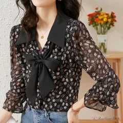 【中古美品】花柄　リボンタイ ブラウス　フリル袖　黒　かわいい　長袖　フェミニン