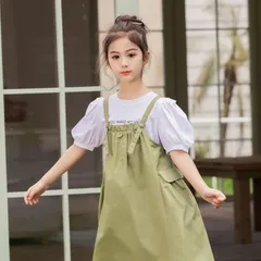 送料無料 グリーン 2点セット バルーン袖Tシャツ ジャンパースカート オーバーオール スカート セットアップ 女の子 子供服 半袖 春夏 かわいい 120cm 130cm 140cm 150cm 160cm