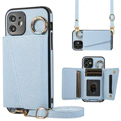 【新着商品】iPhone11 カバー スマホケース PUレザー 肩掛け ショルダー 斜めかけ アイフォン11 マグネット式 手帳型 ICカード収納 ケース 鏡付き 写真入りポケット 11 調節可能な iPhone 携帯ケース TENSIK ブルー