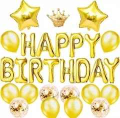 【在庫セール】バースデー 飾り バースデー ハート ハッピー 王冠 文字 紙吹雪風船 Birthday ナイトブルー Happy 女の子 バルーン 男の子 風船 お祝いお誕生日 飾り付け 装飾 誕生日 (ゴールド)
