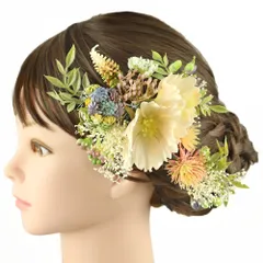 髪飾り 成人式 振袖 前撮り 袴 花 2点セット 白 青 紫 緑 黄色 造花 葉 リーフ カスミソウ ナチュラル 華奢 トレンド 大きい No.12-0857