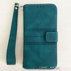 iPhone 13 / 14 スマホ ケース スマホショルダー 手帳型 カードケース ショルダー 肩掛け 紐付き ストラップ レザー調 エメラルド グリーン