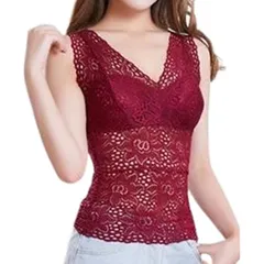 【新品】 [toasoa] 総 レース インナー レディース カップ 付き タンクトップ 花柄 ノースリーブ ブラ チューブトップ キャミ トップ 透け vネック 部屋着 へそ出し ブラキャミ パット付き トップス (2XL, ワイン レッド) 1