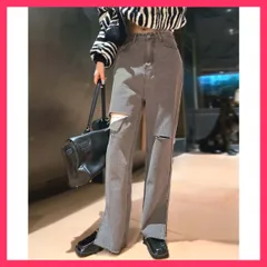 ★スタッフおすすめ大人気★ハイウエストダメージデニムパンツ ロングパンツ ジーン