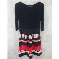 ◇ JONES NEW YORK ジョーンズニューヨーク ボーダー 七分袖 膝丈 ワンピース 4 ブラック ベージュ レッド *  【1002796872525】