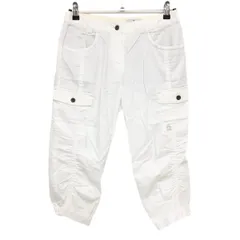 【美品】マンシングウェア 七分丈カーゴパンツ 白 ロゴ刺しゅう 裾一部ゴム シャーリング レディース 9 ゴルフウェア Munsingwear