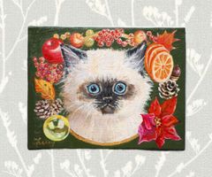 『　猫と冬の雑貨　』　油絵　油彩画　手描き　クリスマス