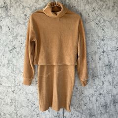 Bershka  ベルシュカ　セットアップ　【XS】【S】　オレンジ　コーデュロイ　プルオーバー　タートルネック　ハイネック　薄手　長袖　タイトスカート　スリット　膝丈　ウエストゴム　ストレッチ　春、秋