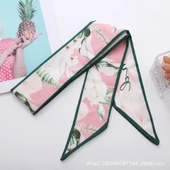リボンスカーフ バッグスカーフ 　グリーン　緑　ピンク　花　ヘアリボン　英字　白