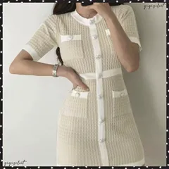 ミニニットワンピース タイトワンピース夏レディース ラウンドネック 銀ボタン 半袖ワンピース 春夏 韓国風キレイ目 チュニックワンピ 細見えセクシーワンピース黒膝上丈ワンピース デートワンピ可愛い フェミニンワンピ春