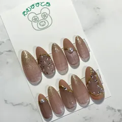 ⑰【ネイルチップ】ジェルネイル ベージュ ピンク パール ストーン 変形フレンチ 大人ネイル オフィスネイル フレンチネイル オリジナル サイズ変更可 オーダー受付中