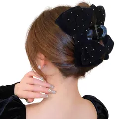 ヘアクリップ バンスクリップ ビッグリボン 大きい 髪留め ベロア ラインストーン キラキラ かわいい パーティ フェミニン (ブラック) [ブラック]