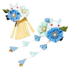 OTAKUMARKET 髪飾り 成人式 七五三 振袖 卒業式 花 和装 つまみ細工 袴 浴衣 着物 髪 飾り 髪留め 和柄 収納袋 ギフトポックス付き (ブルー)