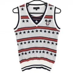 【美品】キャロウェイ ニットベスト 白×ネイビー×レッド Vネック 星柄 クマワッペン レディース M ゴルフウェア Callaway