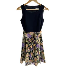 BARNEYSNEWYORK(バーニーズ) ワンピース レディース美品  - ネイビー×オレンジ×マルチ クルーネック/ノースリーブ/ひざ丈/花柄