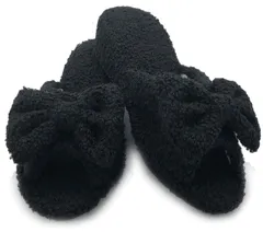 【迅速発送】ヒールスリッパ レディース 室内 軽量 静音 おしゃれ 4cm 美脚 STYLE もこもこ リボン ブラック (学校 参観日 受験 プロ用 サロン エステ などに)