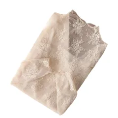 ☆ クリーム ☆ レーストップス シアーハイネックトップス レディース ブラウス 長袖 おしゃれ カットソー ハイネック シアー 立ち襟 シースルー レース 透け感 可愛い 大人 かわいい シンプル 上品 きれいめ きちんと 女性 女子 トップス