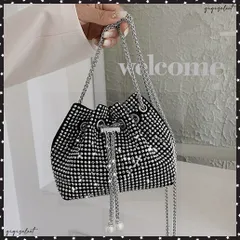 キラキラ 巾着バッグ チェーンミニバッグバケツバッグ レディース ラインストーン 斜め掛けバッグ コンパクト 肩掛けかばん 可愛い お呼ばれバッグ 結婚式二次会キレイめポシェット 小さめ 軽量バッグ パーティーバック黒