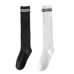 【数量限定】スクールソックス ストライプ ハイソックス ソックス 靴下 綿混 レディース ニーソックス ひざ下 ロングソックス 黒 [Weuiean] 白 2足組 LGS-103