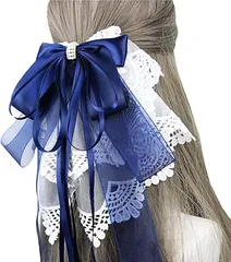 A'sTool リボン 髪飾り 大きめリボン バレッタ ヘアアクセサリー ゴスロリ ロリータ レース 2( ネイビー 2)