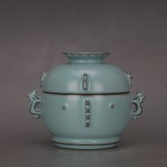 宋 汝窯 青釉双耳四系 汝窯蓋缶 五大名窯鈞 鈞磁器 宋 花足 賞皿置物 窯変釉 置物 鈞磁 盧鈞 装飾 磁器