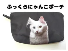 ★ふっくらポーチ★白猫　オッドアイ　にゃんこ　ファスナーポーチ　両面プリント　黒　送料無料