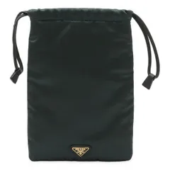 PRADA プラダ トライアングルロゴ 巾着ポーチ マルチポーチ 化粧ポーチ 小物入れ サテン レザー ダークグリーン ゴールド金具