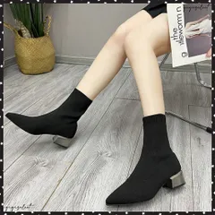 ストレッチブーツレディースショートブーツ韓国 ポインテッドトゥ ソックスブーツ 歩きやすいニットブーツ きれいめブーティチャンキーヒールシューズ 痛くない秋冬靴セレカジブーツ大人 太ヒールブーティ黒 上品お洒落美脚脚長