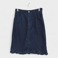 【美品】【ひざ丈デニムスカート】『ストレッチ素材』裾フリル [ブルー系] 青系 (M) 商品A2299 管理A