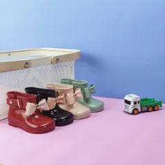 x【SHOPS】かわいいリボン付き 女の子 レインブーツ 長靴 ショートブーツ エレガント