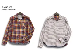 【美品】B:MING LIFE STORE by BEAMS ビームス 2way リバーシブル ダブルガーゼ 長袖 チェック&ボーダー シャツ Sz.L メンズ