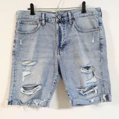 大きいサイズ◎(^w^)b H&М エイチアンドエム ハーフ デニム パンツ ジーンズ ユーズド加工 脇割り 革パッチ 着回し カジュアル ストレート フィット 古着 レディース ライト ブルー W34