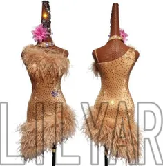 社交ダンス衣装　ラテンワンピースドレス　羽毛 豪華 シャンパン オーダーメイド