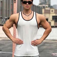 [M]メンズ ファッション 服 男性用 オシャレ シンプル 大人 かっこいい 大きいサイズ ストリート 紳士服 フィットネス 服 夏 ストライプ 速乾 ストレッチ スポーツ ベスト 通気性 ノースリーブ T シャツ トレーニング 服