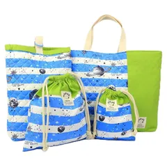 [HOPPE] 4点セット ホッペ 日本製 通園 通学 入園 準備 入園 入学 祝い 進学 祝い プレゼント ギフト お祝い 幼稚園 保育園 小学校 レッスンバック シューズ バッグ ケース 上履き袋 マチなし 巾着 (しましまspaceブルー)