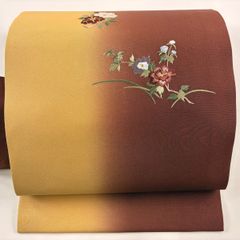 名古屋帯 美品 秀品 草花 刺繍 金糸 茶色 正絹 【中古】