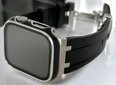 ブラックシルバー★Apple Watchバンド ラバーベルト ステンレス アップルウォッチ画面保護カバー レーザー刻印ケース 40mm41mm44mm45mm46mm49mm ウルトラ  ultra  ultra2