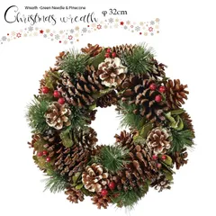 大特価〜月桂樹と針葉樹のシンプルなグリーンクリスマスリース43cm 大きめ針葉樹のリース ＊ ホワイト ドライフラワー / 深い森を