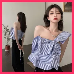 【スタッフおすすめ！】 ストライプ柄ワンショルダーフリルブラウス 大人セクシー肩だし/韓国風夏用トップス/オフショル柄シャツ ショート丈シャツブラウス レディース  おすすめ おしゃれ　かわいい　人気 83SYI-001